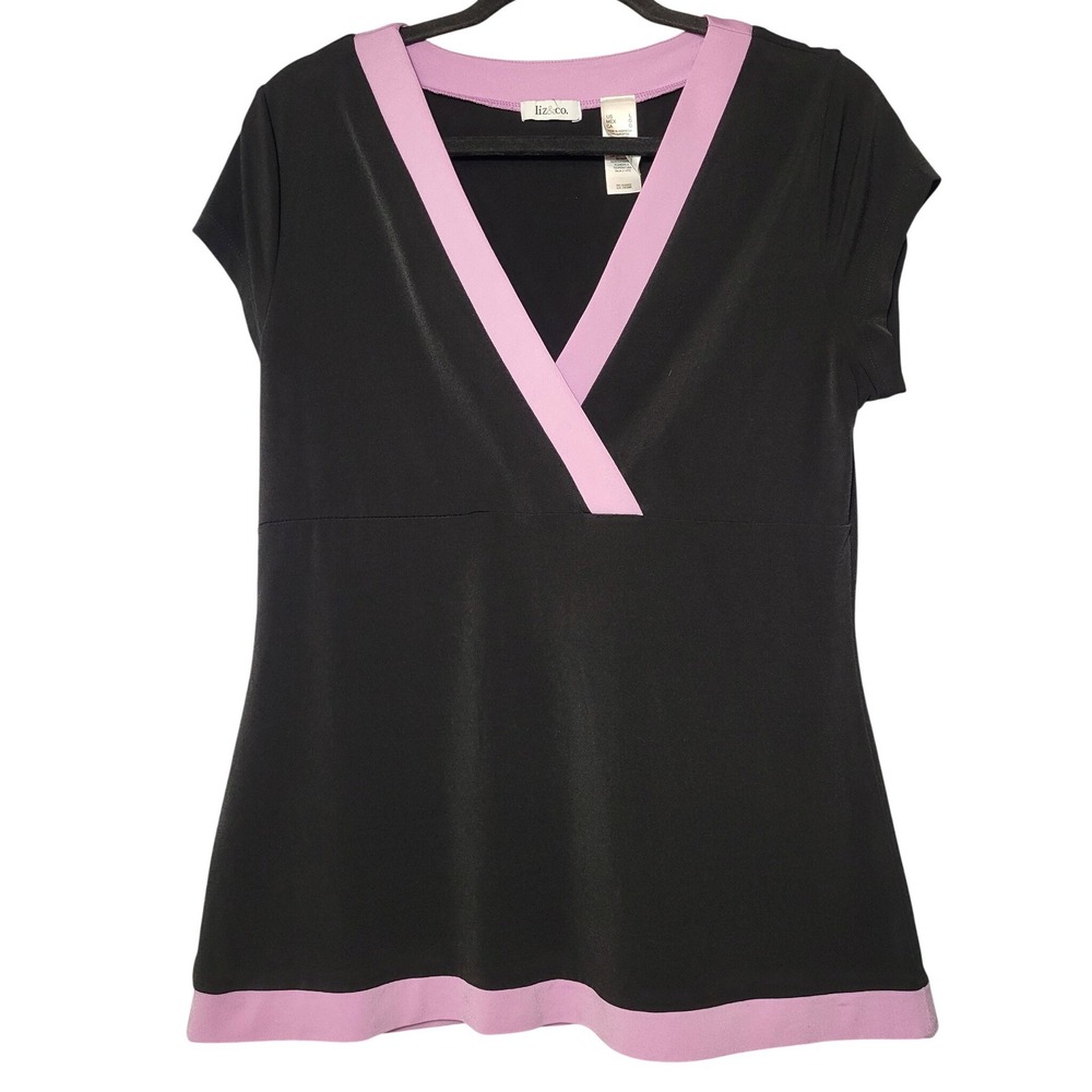 Liz & Co Black Lavender Trim Surplice Chest Short‎ Sleeve Top Large Office Y2K